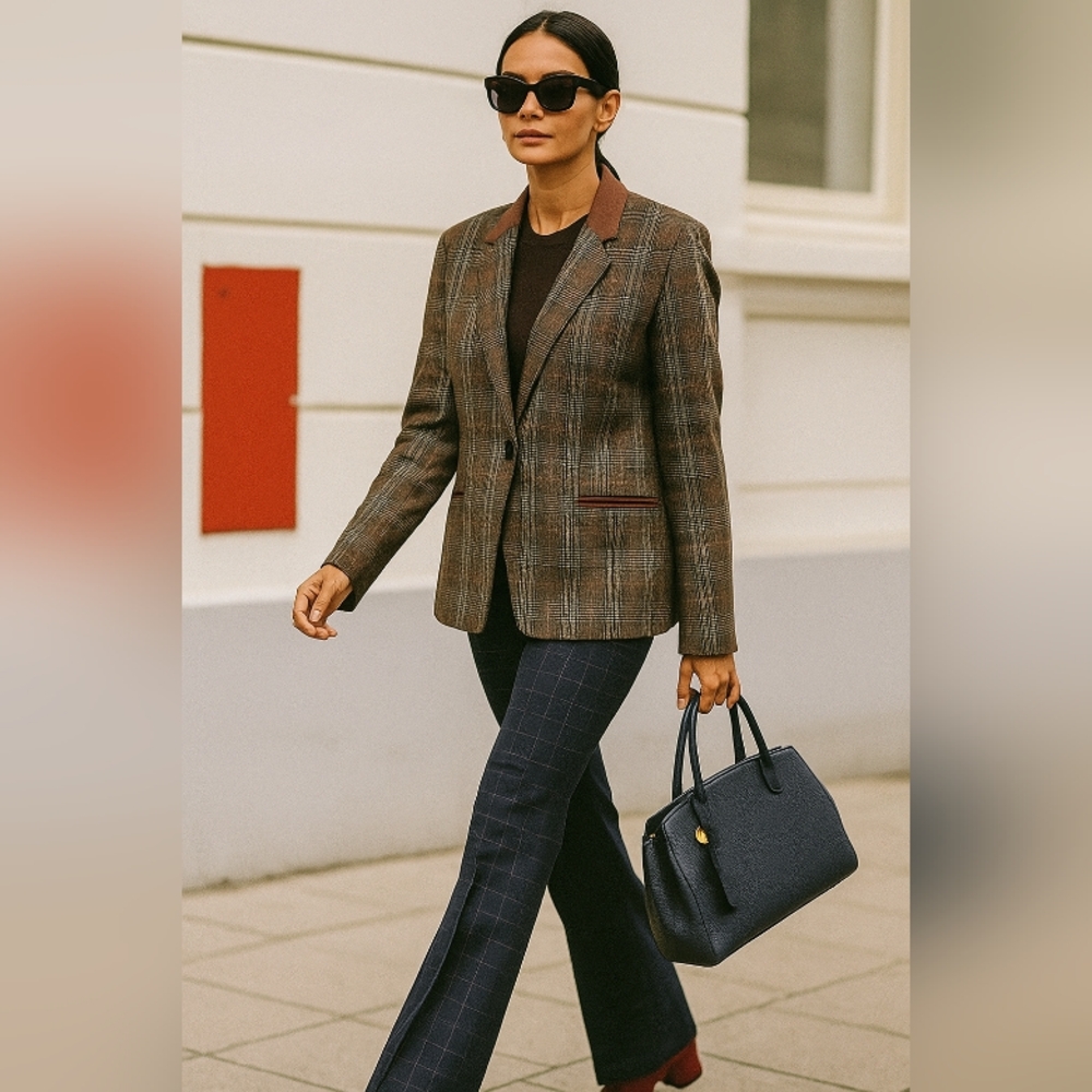 NYGARD🌹Rare Plaid Brown Blazer with Knit Back and Padded Shoulders sz: 14